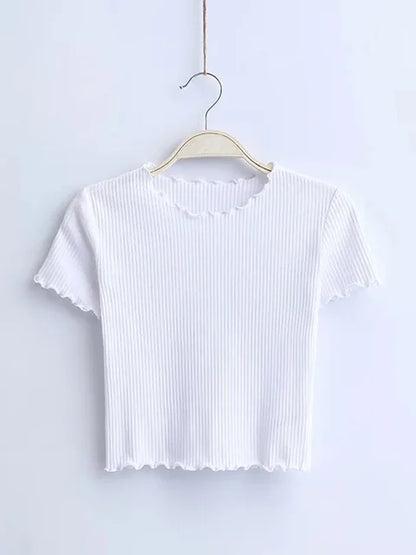 Wood Ears O Neck Short Sleeve T-shirt New Woman Slim Fit T Shirt Tight Tee Summer Retro Tops 6 Colors