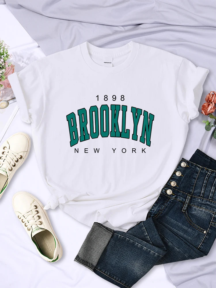 1898 Brooklyn New York Print Short Sleeve T-shirts All-math Crewneck Breathable Female Clothing