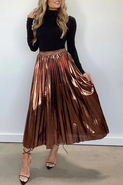 Yuletide Glow Metallic Fabric Pleated Elastic Waist Midi Skirt