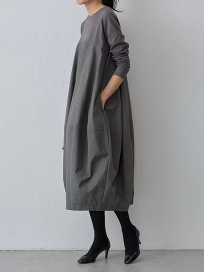 Long Sleeves Loose Split-joint Round-neck Midi Dresses