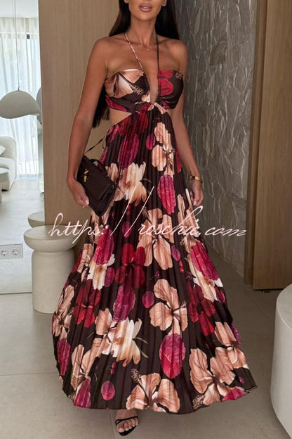 Casey Satin Print Cutout Halter Back Tie-up Pleated Maxi Dress