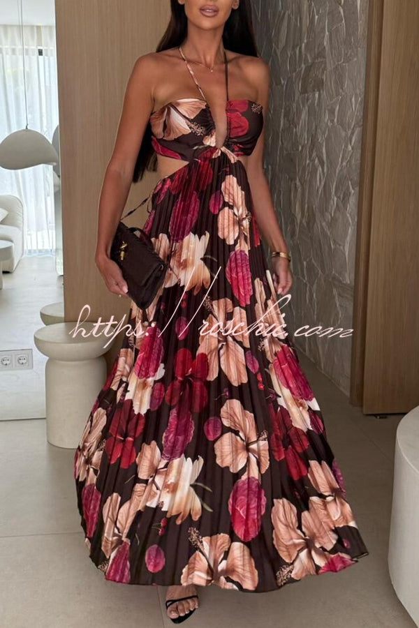 Casey Satin Print Cutout Halter Back Tie-up Pleated Maxi Dress