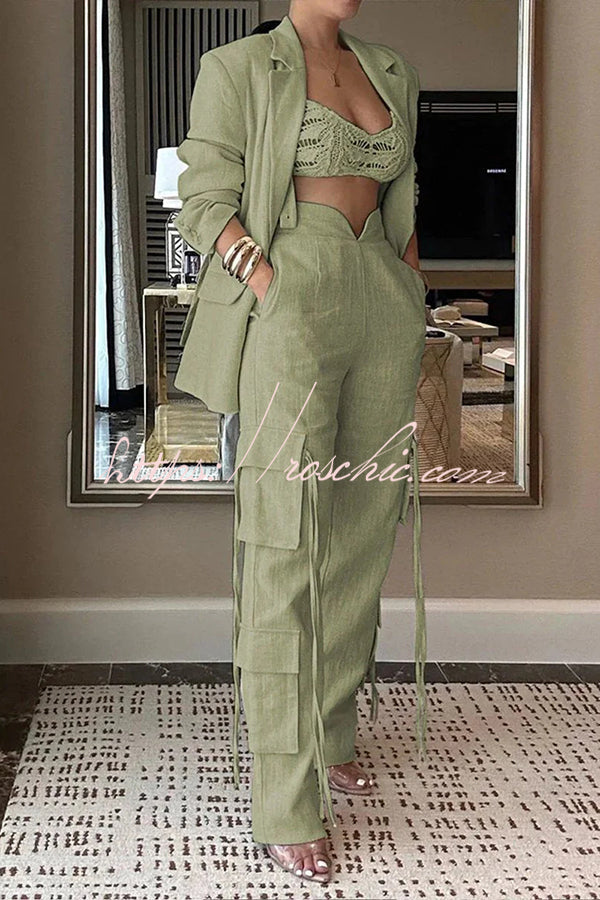 Stylish Lapel Long Sleeve Loose Jacket and Pocket Lace-up Straight Leg Pants Set