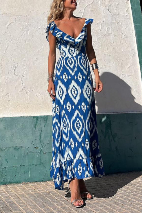 Tunisia Blue Printed, Long Dress