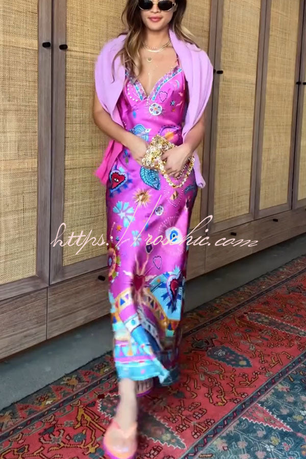 Effortless Satin Unique Print Back Chain Detail Slip Maxi Dress