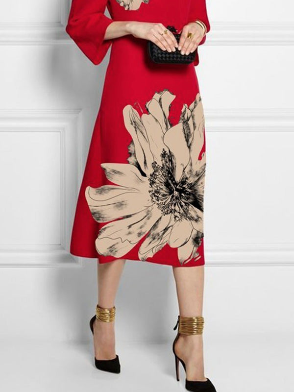 Loose Three-quarter Sleeves Contrast Color Flower Print Round-neck Midi Dresses