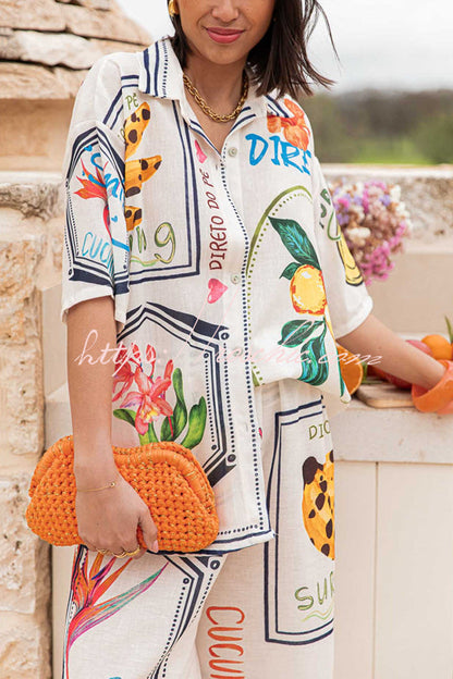 Summer Plant Fruit Print Short Sleeve Shirt and Elastic Waist Loose Wide Leg Pants Set