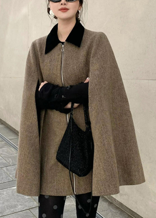 Brown Peter Pan Collar Zippered Woolen Coats Winter Wv009