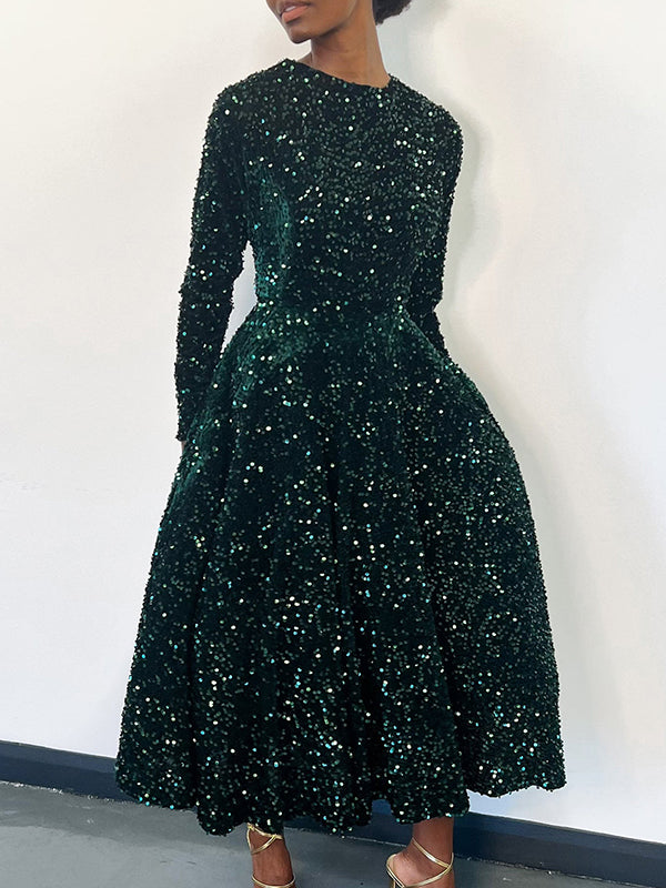 A-line High Waisted Sequined Split-joint Zipper Round-neck Maxi Dresses