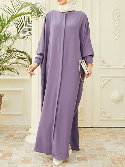 Batwing Sleeves Loose Buttoned Muslim Color Split-side Round-neck Maxi Dresses