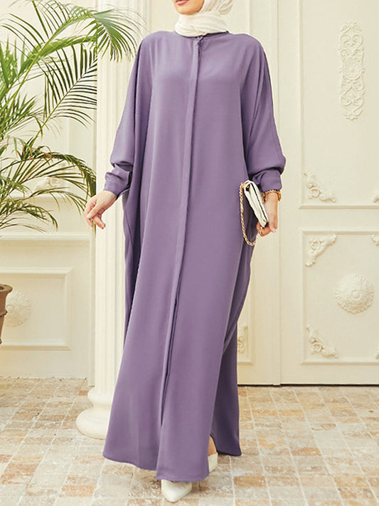 Batwing Sleeves Loose Buttoned Muslim Color Split-side Round-neck Maxi Dresses
