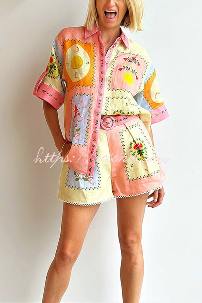 Lily Song Linen Blend Unique Print Short Sleeve Shirt and Belted Pocket Shorts Set