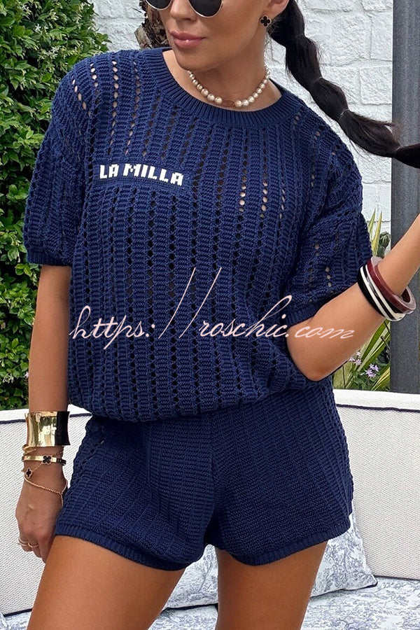 Fashionable Hollow Knit Short-sleeved Top and Elastic High-waist Shorts Set
