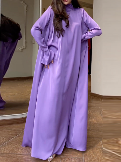 Flared Sleeves Long Sleeves Color High-neck Maxi Dresses