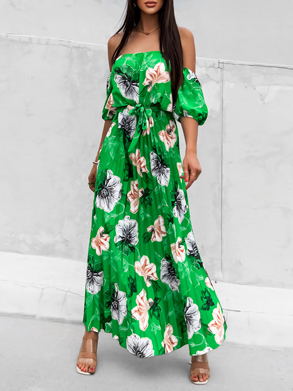 A-line Loose Elasticity Flower Print Pleated Split-joint Tied Waist Off-the-shoulder Maxi Dresses