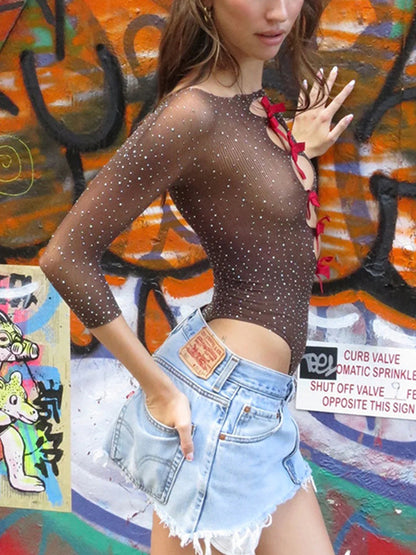 High-elastic Knitted See-through Bow Cutout Jumpsuit