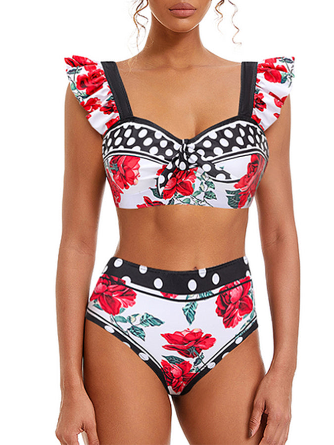Rose Printed One Piece Swimsuit and Skirt