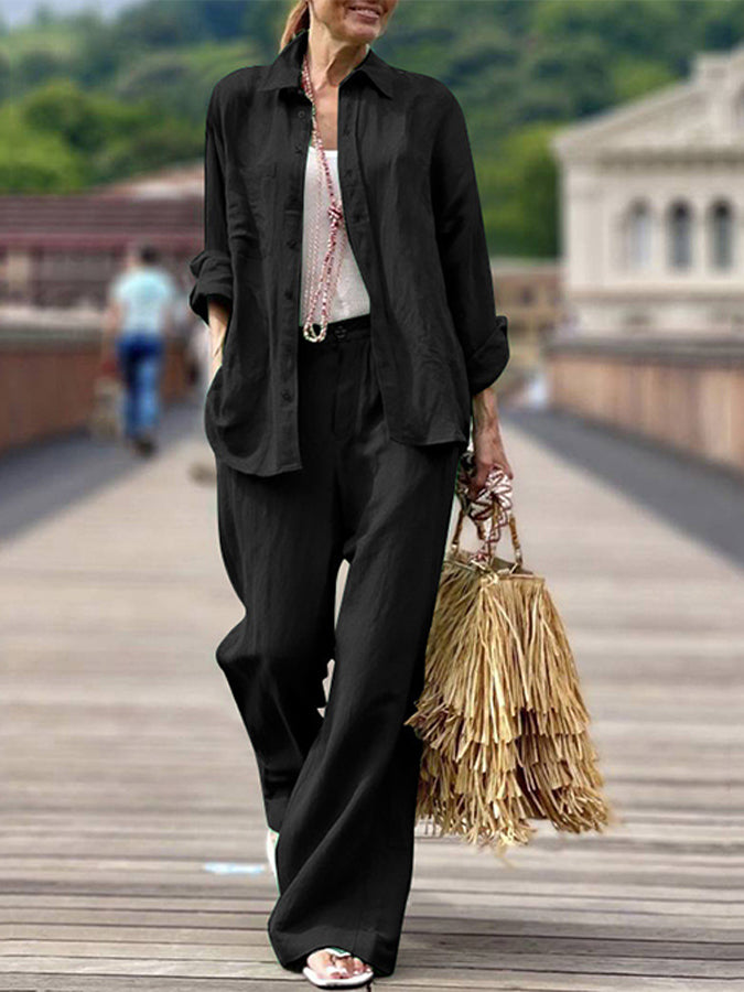 Cotton Color Long Sleeve Shirt and Pants Set