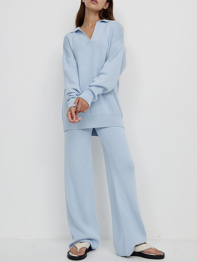 Knitted Polo Shirt and Pants Two Pieces Sets