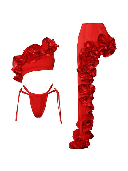 Red Flower Frilled One Shoulder Bikini Swimsuit and Skirt