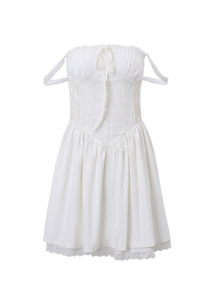Resort Style French Lace-up Waist Pleated White Mini Dress