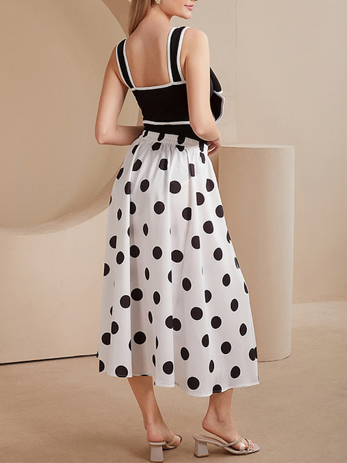 Black and White Bow Decor One Piece Swimsuit and Skirt