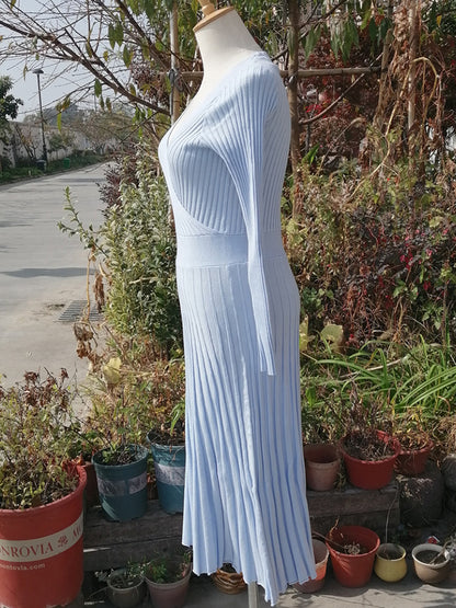 Knitted Long Sleeves V Neck Maxi Dress