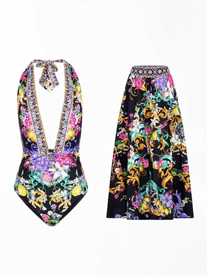 Printed One Piece Swimsuit and Skirt