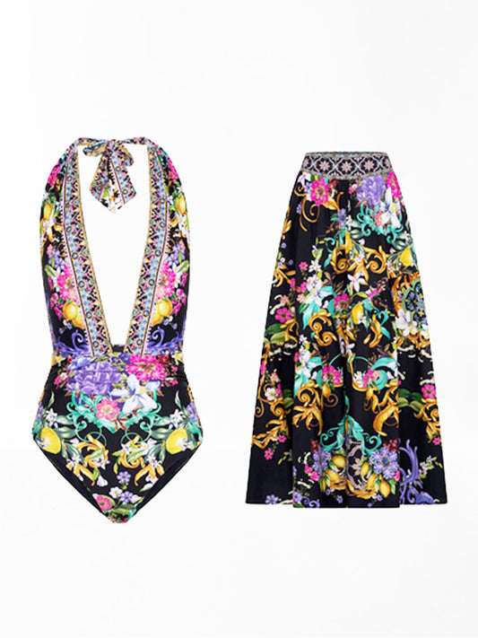 Printed One Piece Swimsuit and Skirt