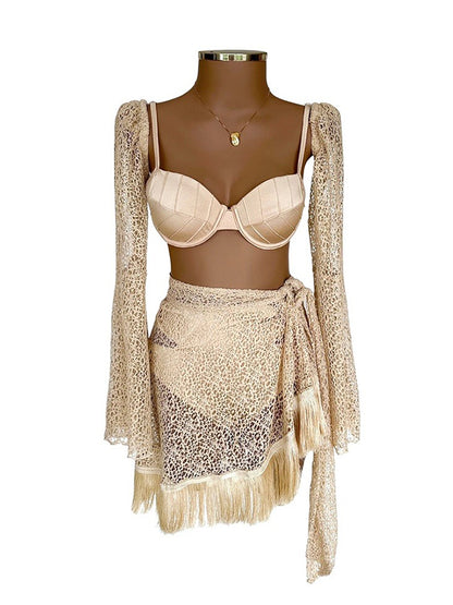Removable Sleeves Bikini and Tassel Skirt