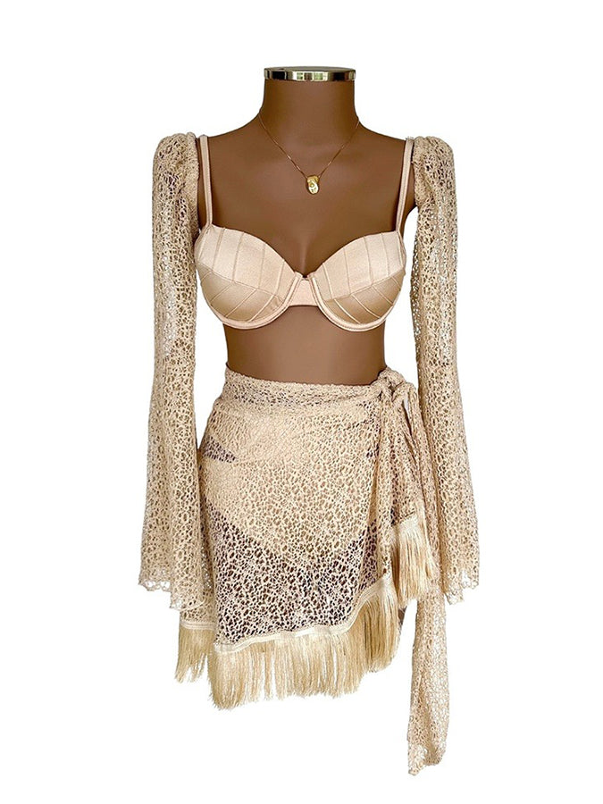 Removable Sleeves Bikini and Tassel Skirt