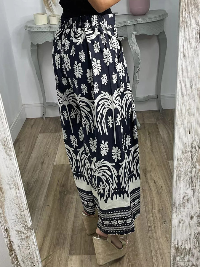 Elastic Waist Printed Wide-leg Pants