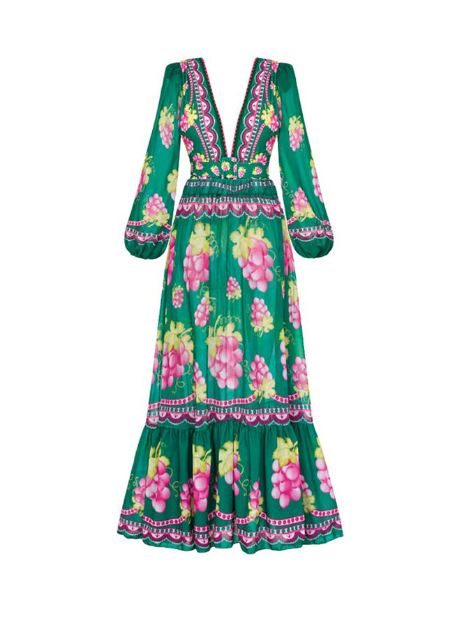 Ruffled Deep V Cutout Retro Green Grapes Print One Piece Swimsuit and Skirt