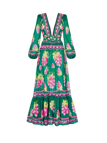 Ruffled Deep V Cutout Retro Green Grapes Print One Piece Swimsuit and Skirt