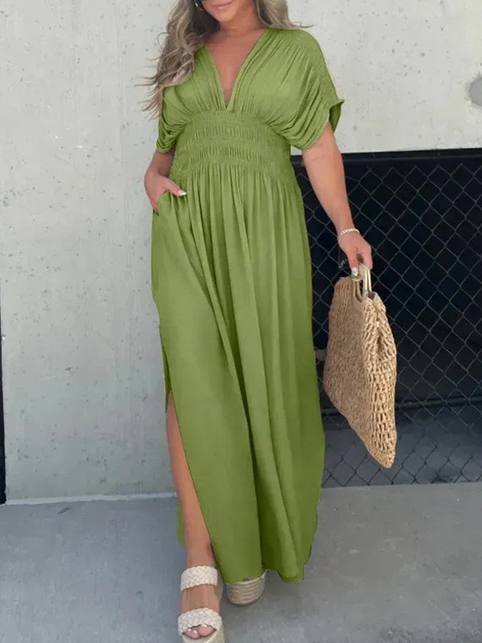 V Neck Batwing Sleeves Elastic Waist Maxi Dress