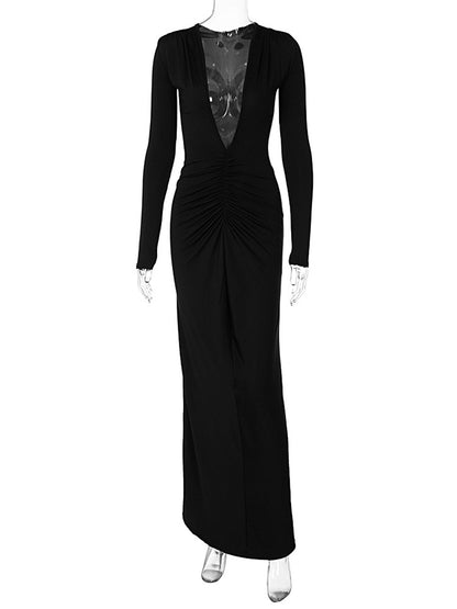 Long Sleeves V Neck Slim Maxi Dress