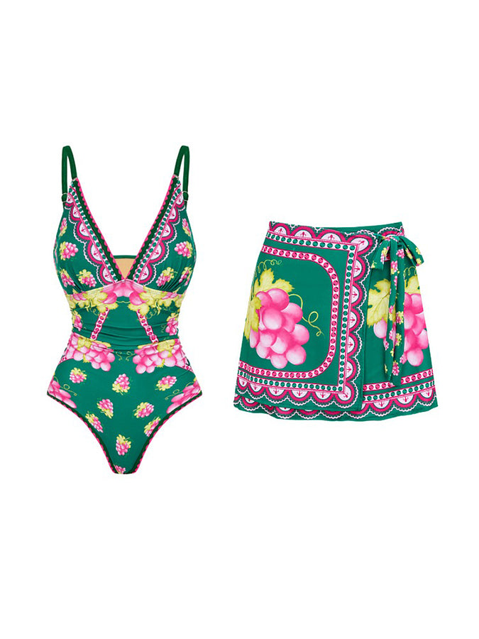 Ruffled Deep V Retro Green Grapes Print One Piece Swimsuit and Skirt