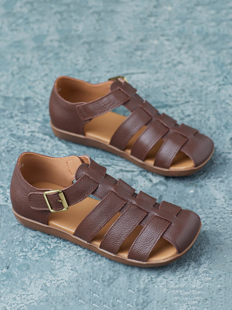 Summer Leather Spliced Flat Shoes Fd036