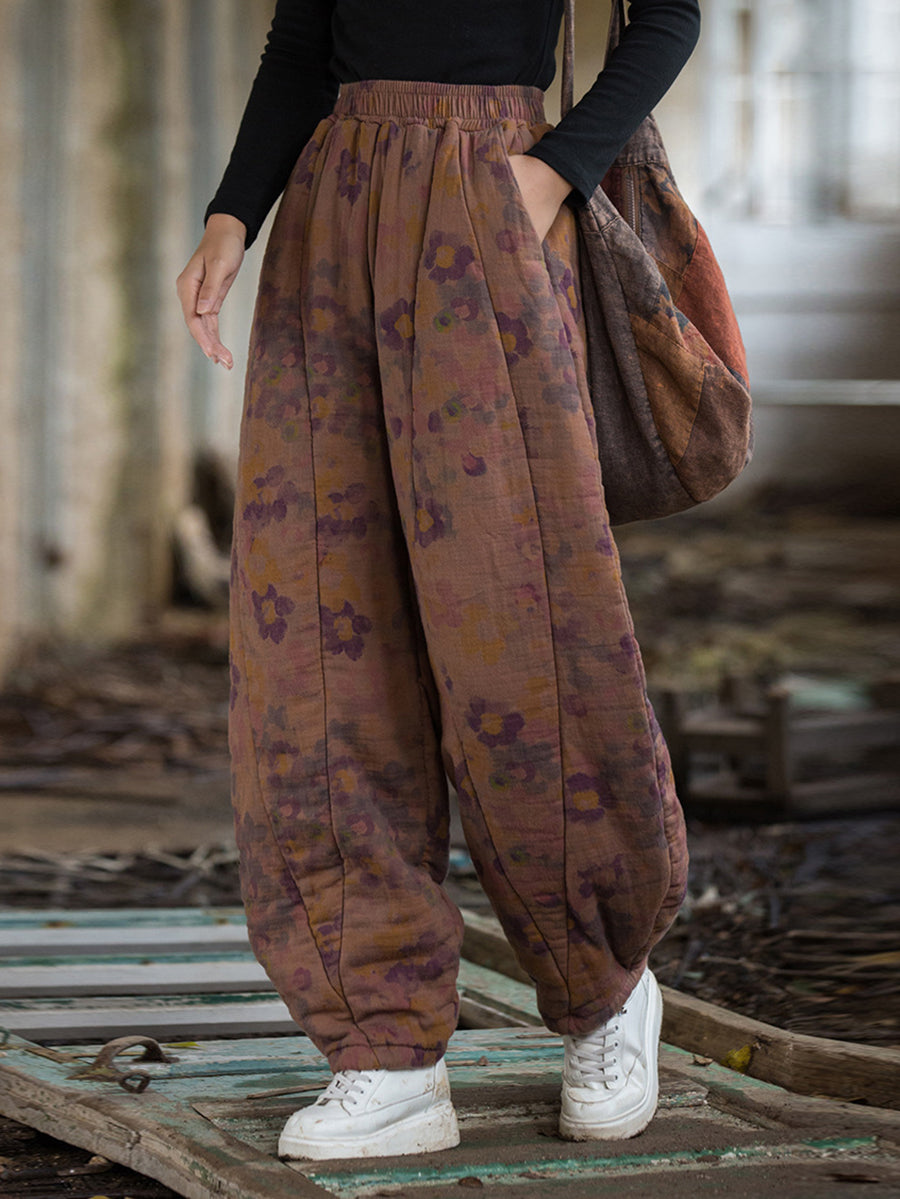 Winter Retro Flower Cotton Paaded Harem Pants Wu003