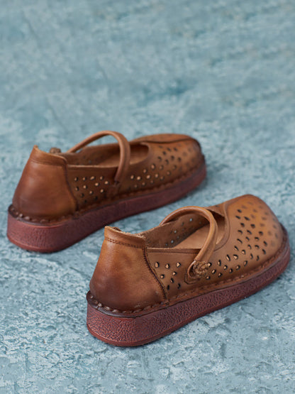 Summer Leather Spliced Cutout Flat Sandals Fg1029