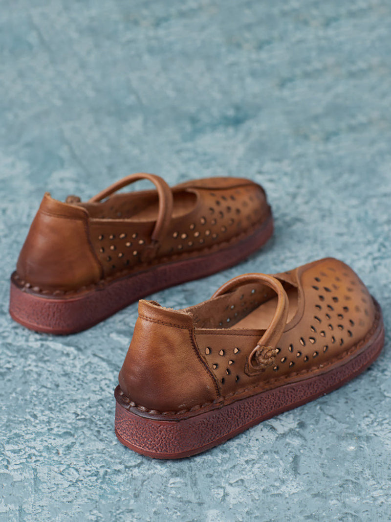 Summer Leather Spliced Cutout Flat Sandals Fg1029
