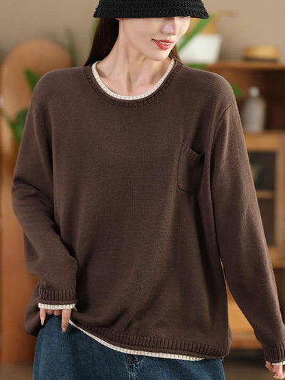 Autumn Colorblock O-neck Cotton Knit Blouse Ai1068
