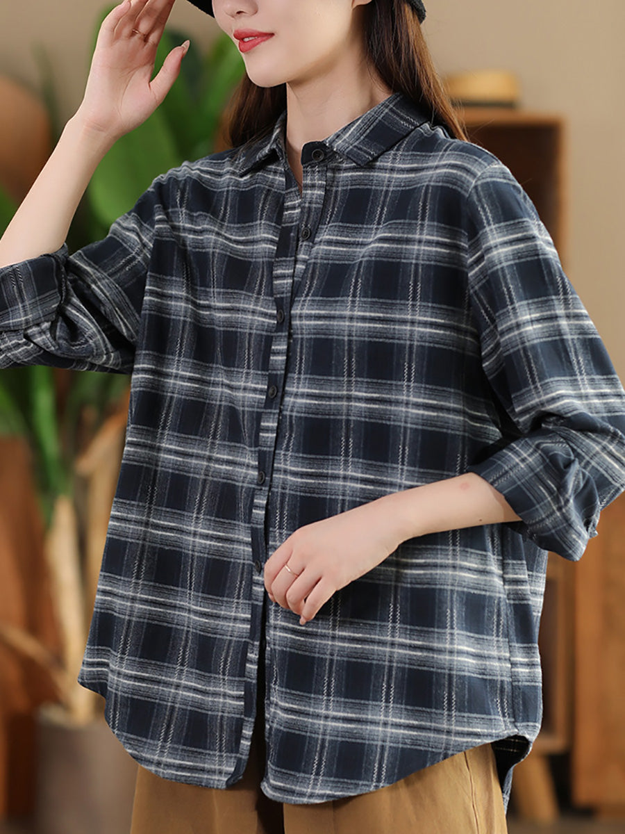 Autumn Plaid Button-up Cotton Blouse Ai1031