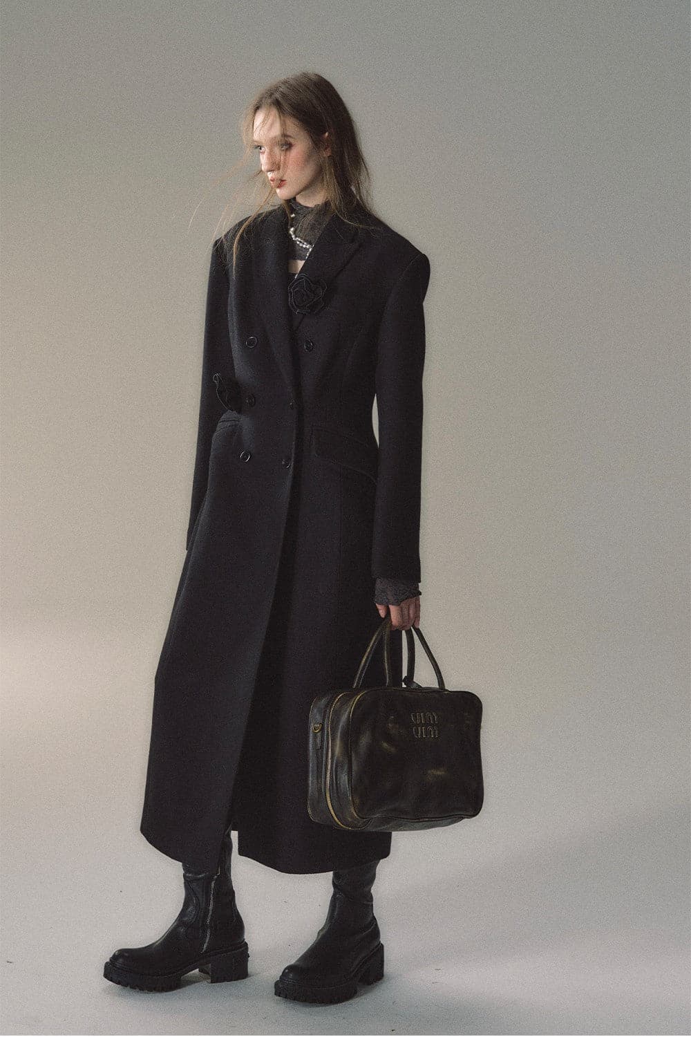 Cream Woolen Double-breasted Coat