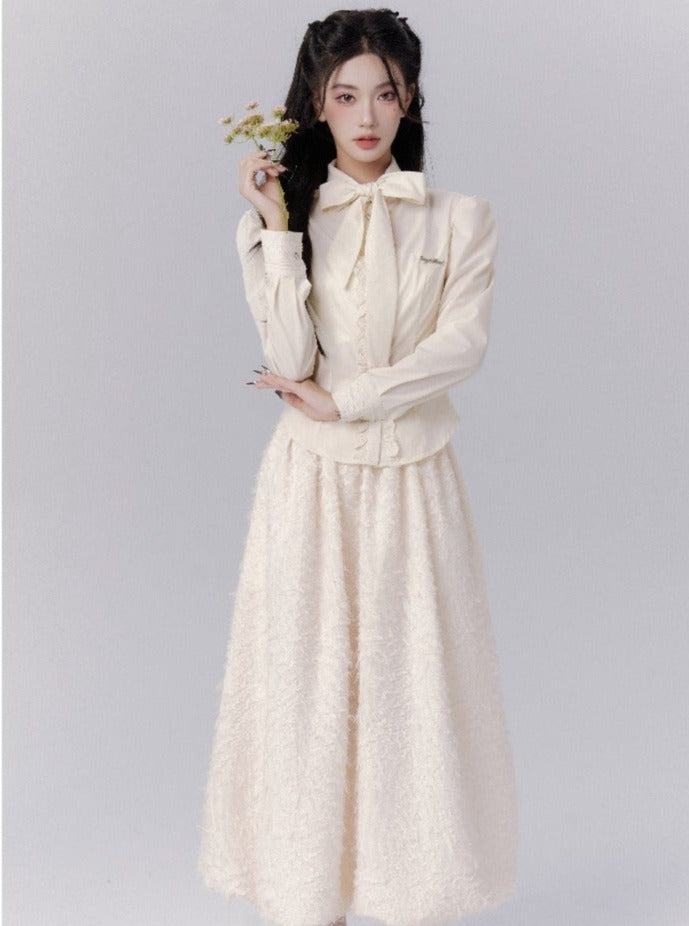 -inspired Cream Puff Sleeve Blouse and Midi Skirt Set