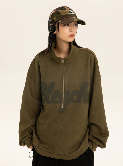 Oversized Suede Sweatshirt With Zipper Polo Collar