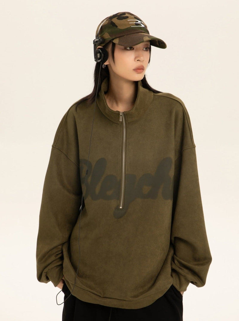 Oversized Suede Sweatshirt With Zipper Polo Collar