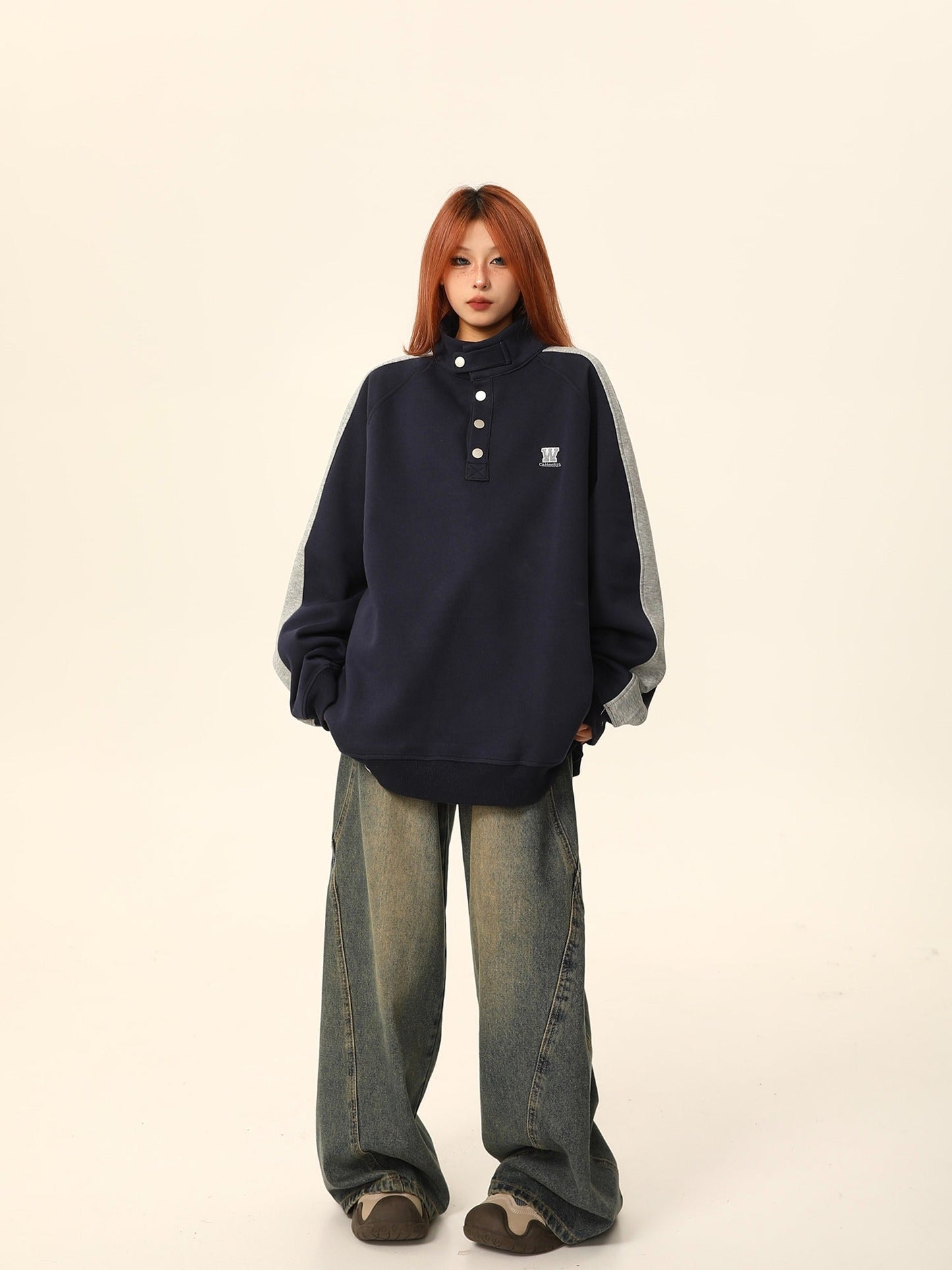 W California High-neck Button Sweatshirt Coat