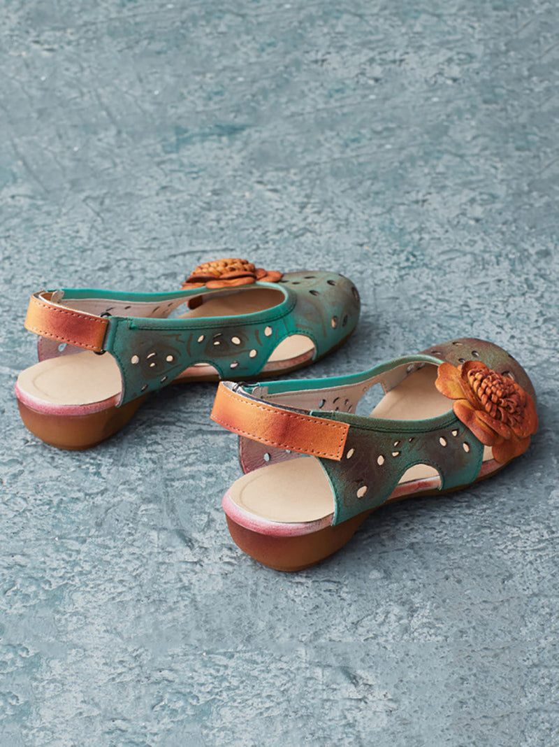 Summer Artsy Leather Flower Spliced Sandals Ui1014