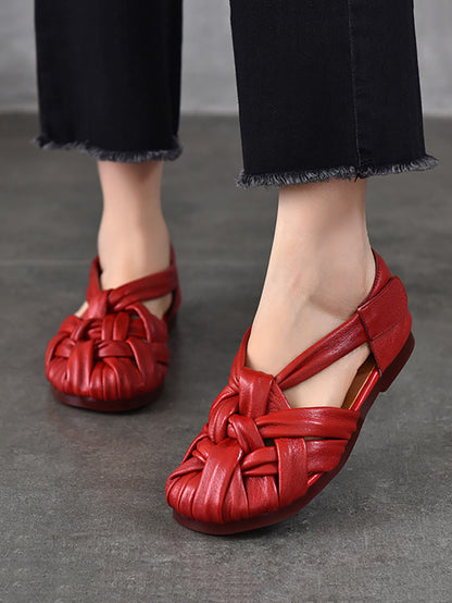 Summer Leather Flat Retro Weave Genuine Shoes